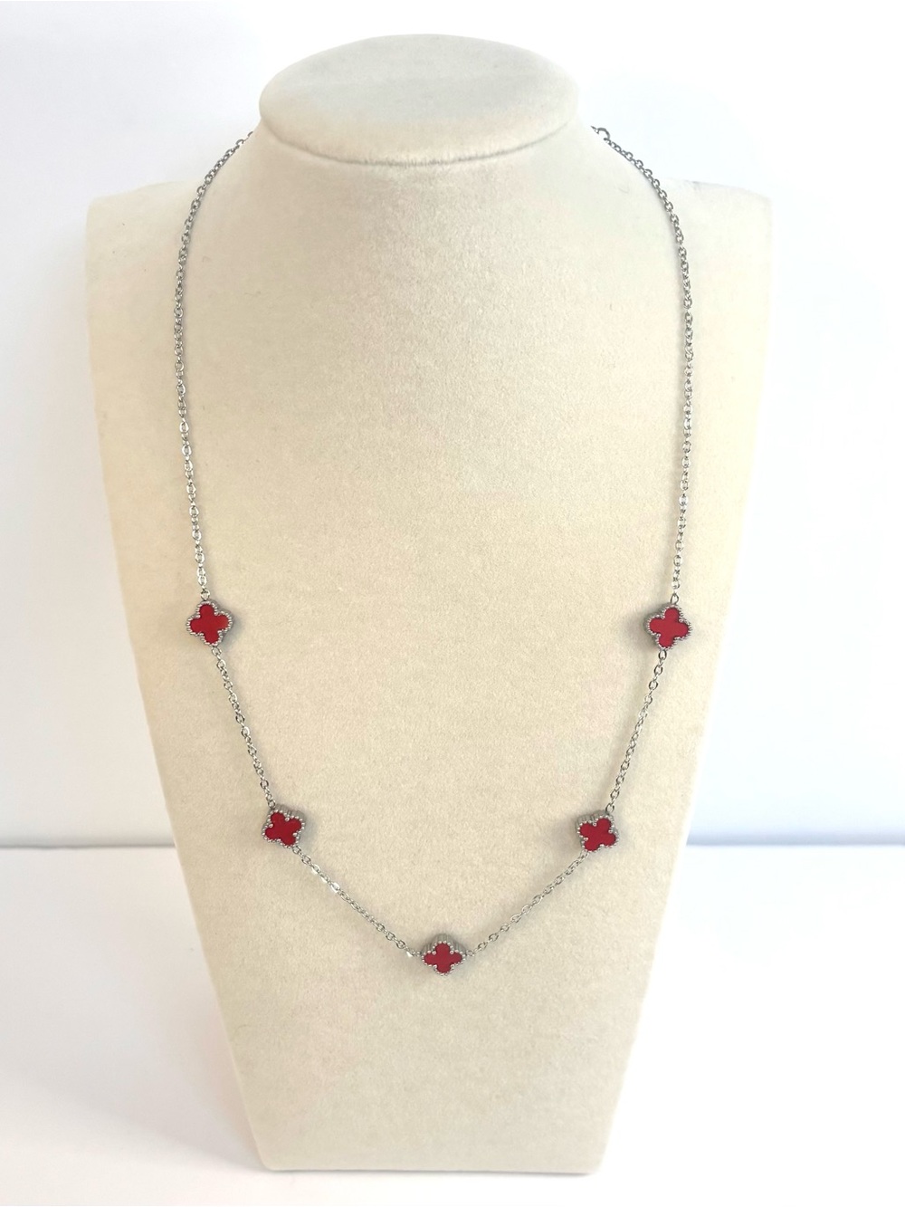 Stainless Steel Quatrefoil Necklace (silver with red enamel) - Picture 1 of 4